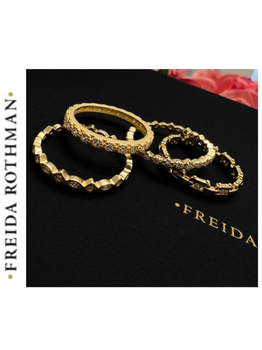 Freida Rothman FR 925 Sterling Silver over Gold Set of (4) CZ Stacking Rings